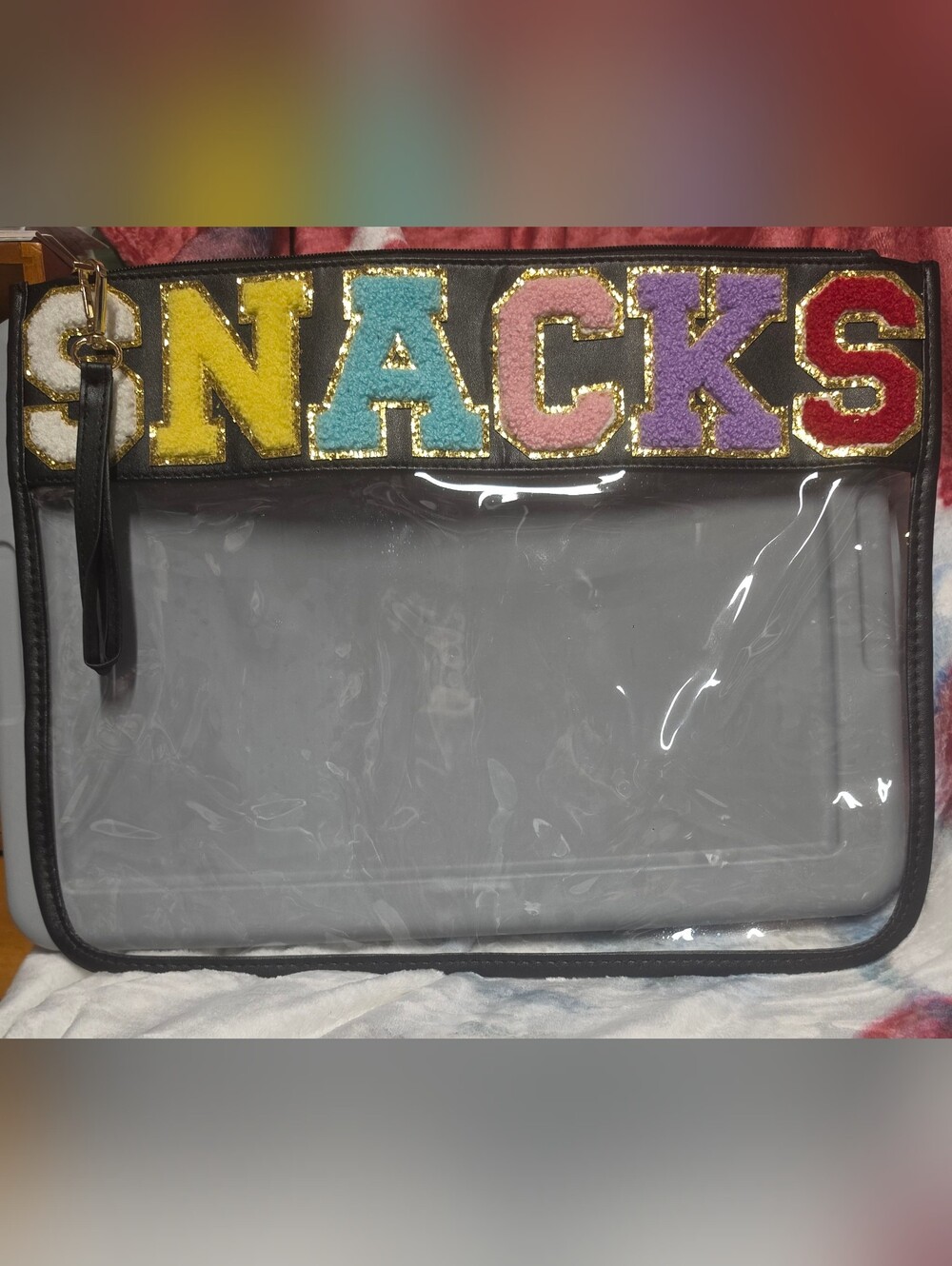 Clear 'SNACKS' Wristlet Clutch with Multicolor Lettering